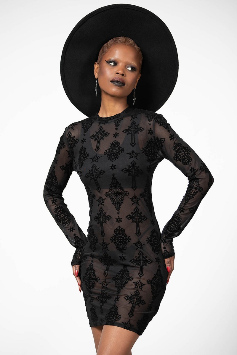 Killstar Alter Mesh Bodycon Kleider Kleid Damen Schwarz | KIZ184059