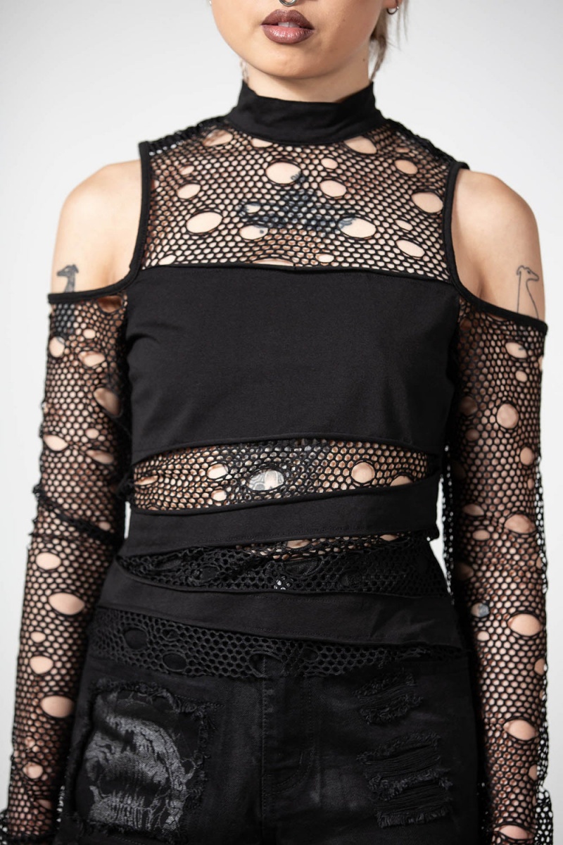 Killstar Burn Out Fishnet Crop Top Oberteile Damen Schwarz | ETM352867