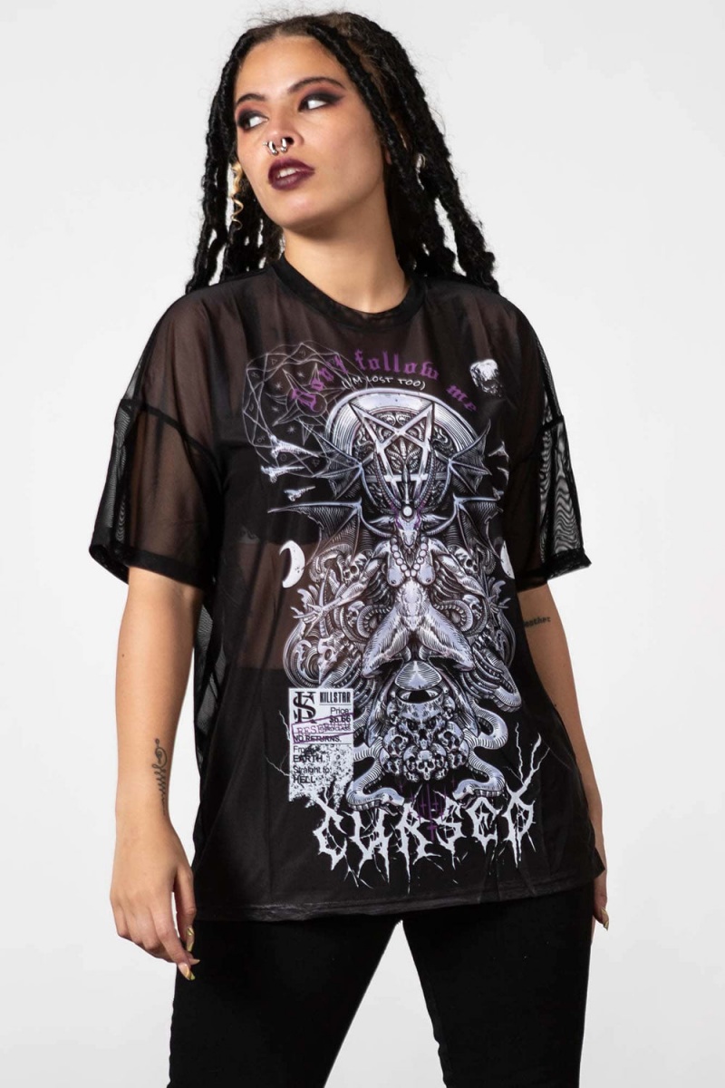 Killstar Cursed Mesh Boyfriend Top Oberteile Damen Schwarz | OPC820954