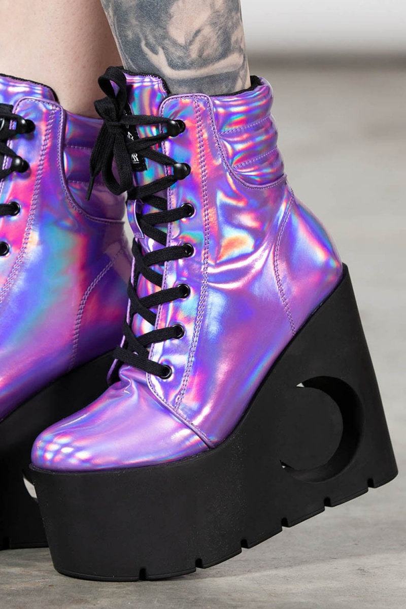 Killstar Diana Crescent Wedge Boots [PURPLE HOLOGRAPHIC] Stiefel Unisex Lila | JEU093527