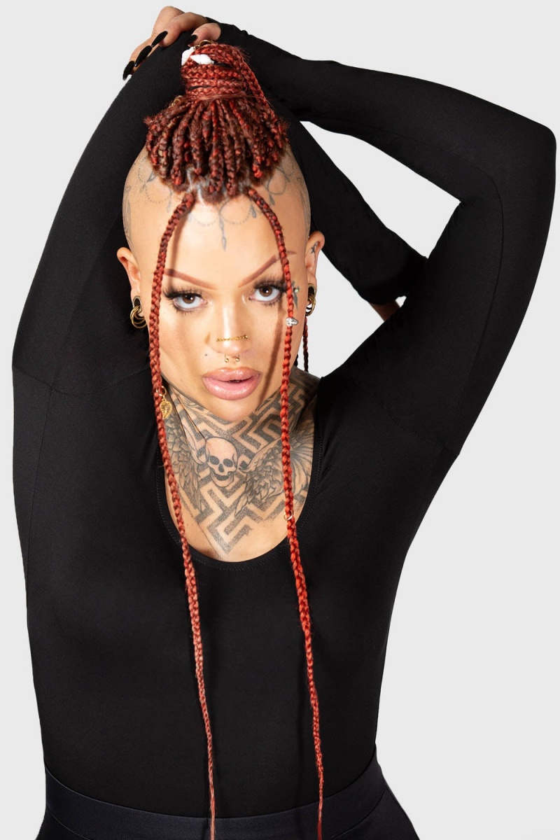 Killstar Flexi Demon Long Sleeve Leotard Oberteile Damen Schwarz | IDS065327