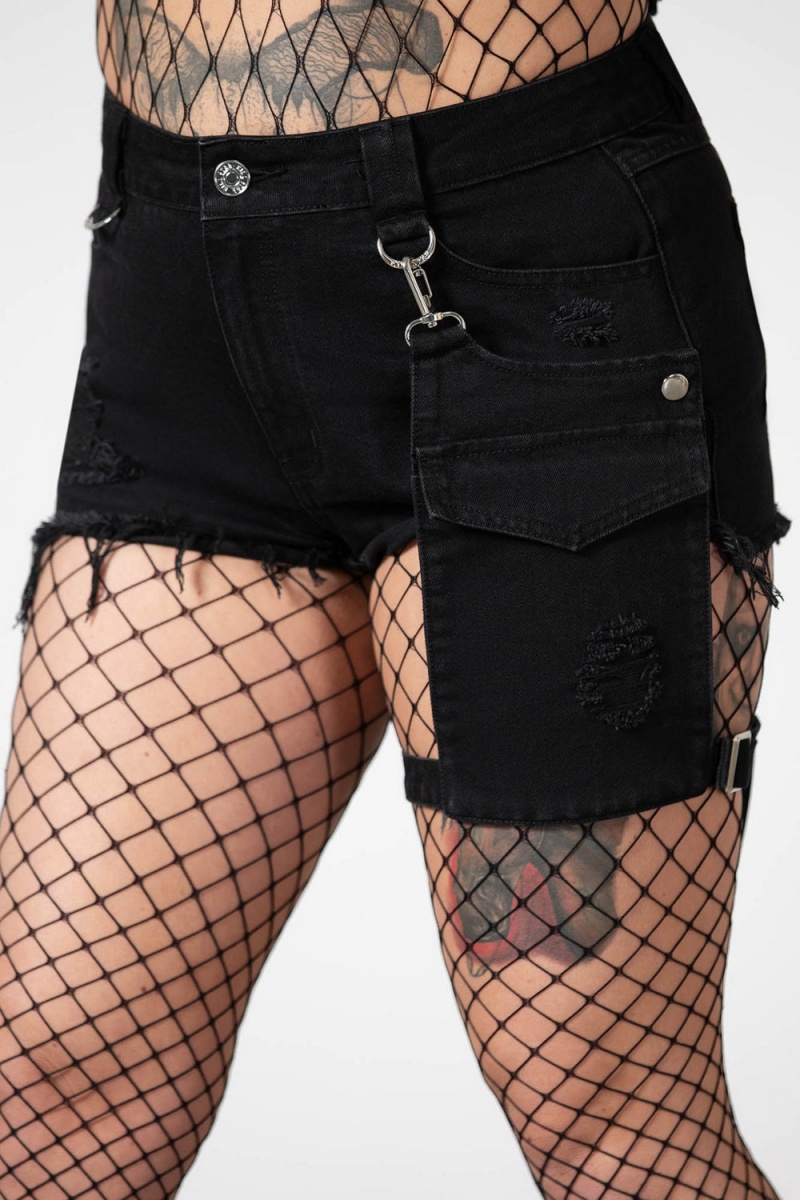Killstar Fury Straßen Denim Garter Shorts Unterteile Damen Schwarz | SMC380516