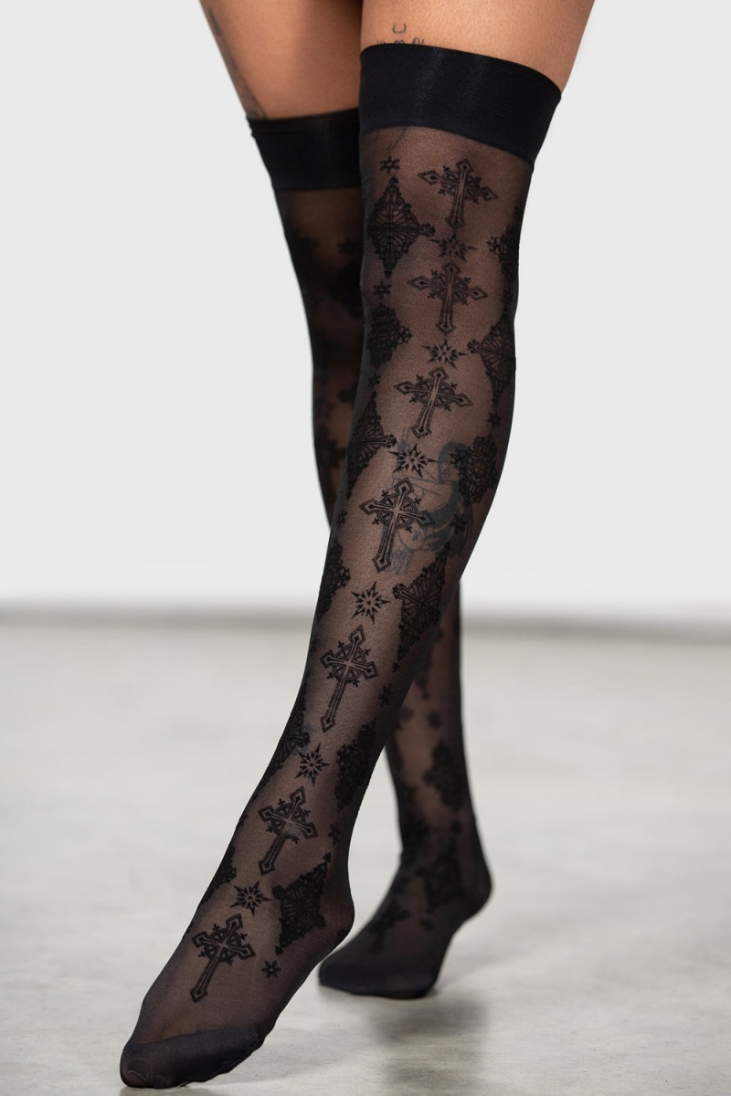 Killstar Gerta Mesh Stockings Wearable Unisex Schwarz | CLF728596