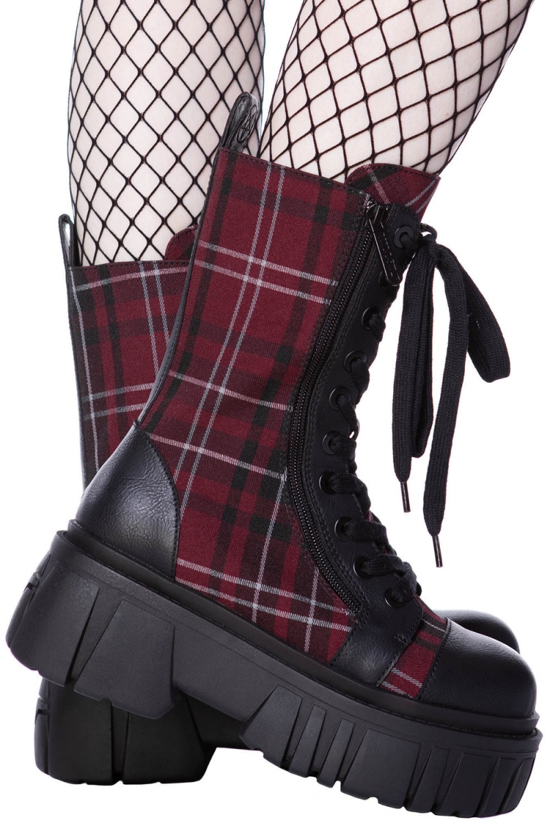 Killstar Kick The Bucket Boots [BLOOD TARTAN] Stiefel Unisex Rot | QFB462507