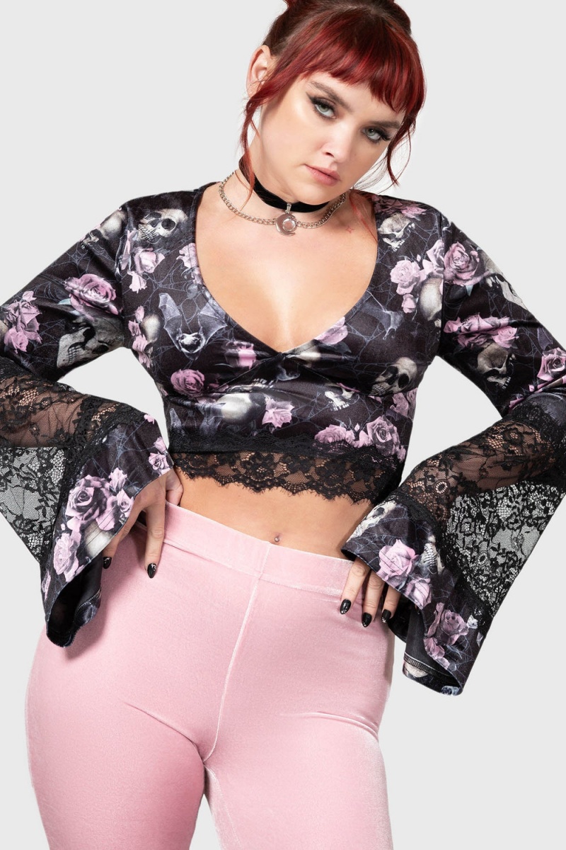 Killstar Naomi Long Sleeve Top [BLACK/PINK] Oberteile Damen Rosa | VOC042136