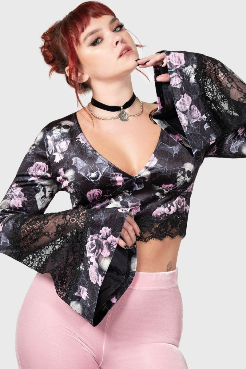 Killstar Naomi Long Sleeve Top [BLACK/PINK] Oberteile Damen Rosa | VOC042136
