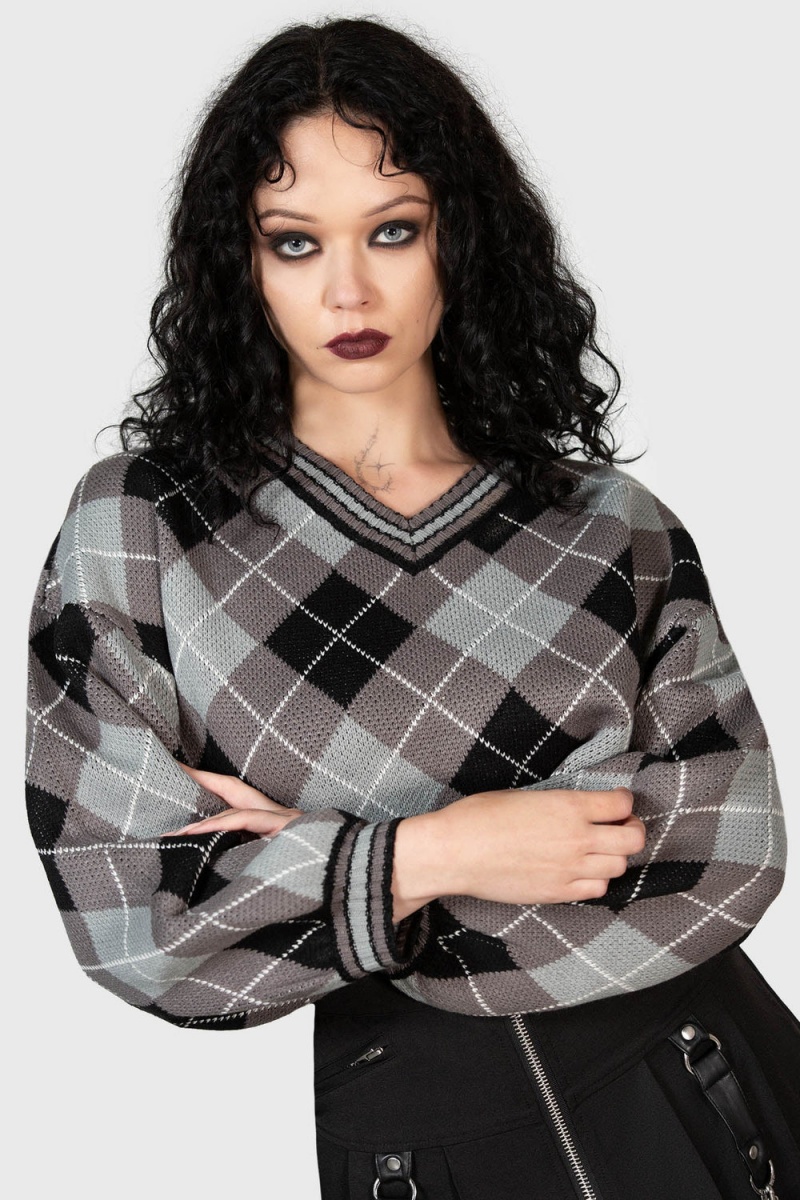 Killstar Nasiv Argyle Knit Top Oberteile Damen Grau | YAU295410