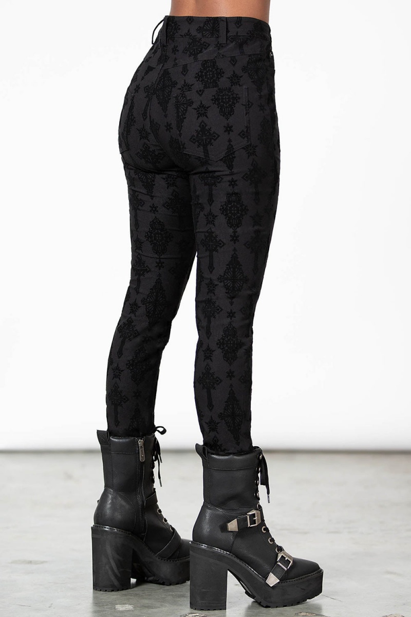 Killstar Nora Flocked Trousers Unterteile Damen Schwarz | TOA356019