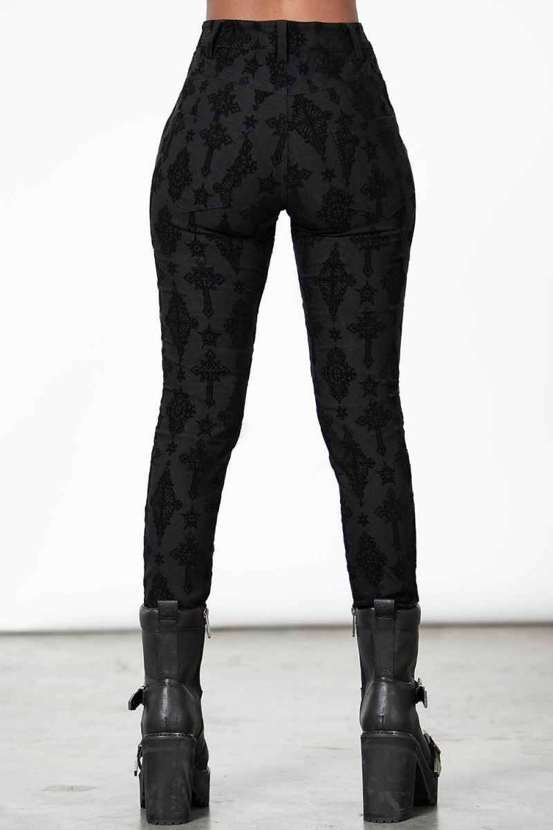 Killstar Nora Flocked Trousers Unterteile Damen Schwarz | TOA356019
