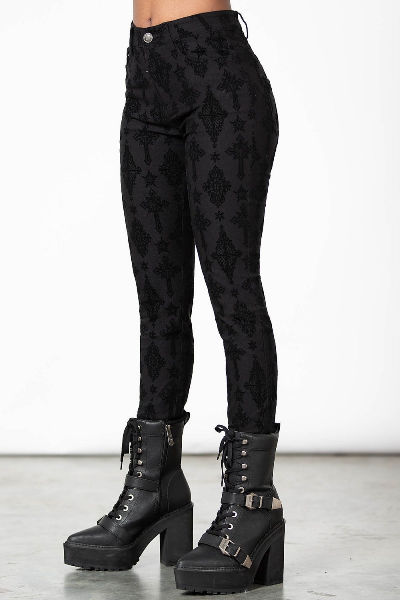 Killstar Nora Flocked Trousers Unterteile Damen Schwarz | TOA356019