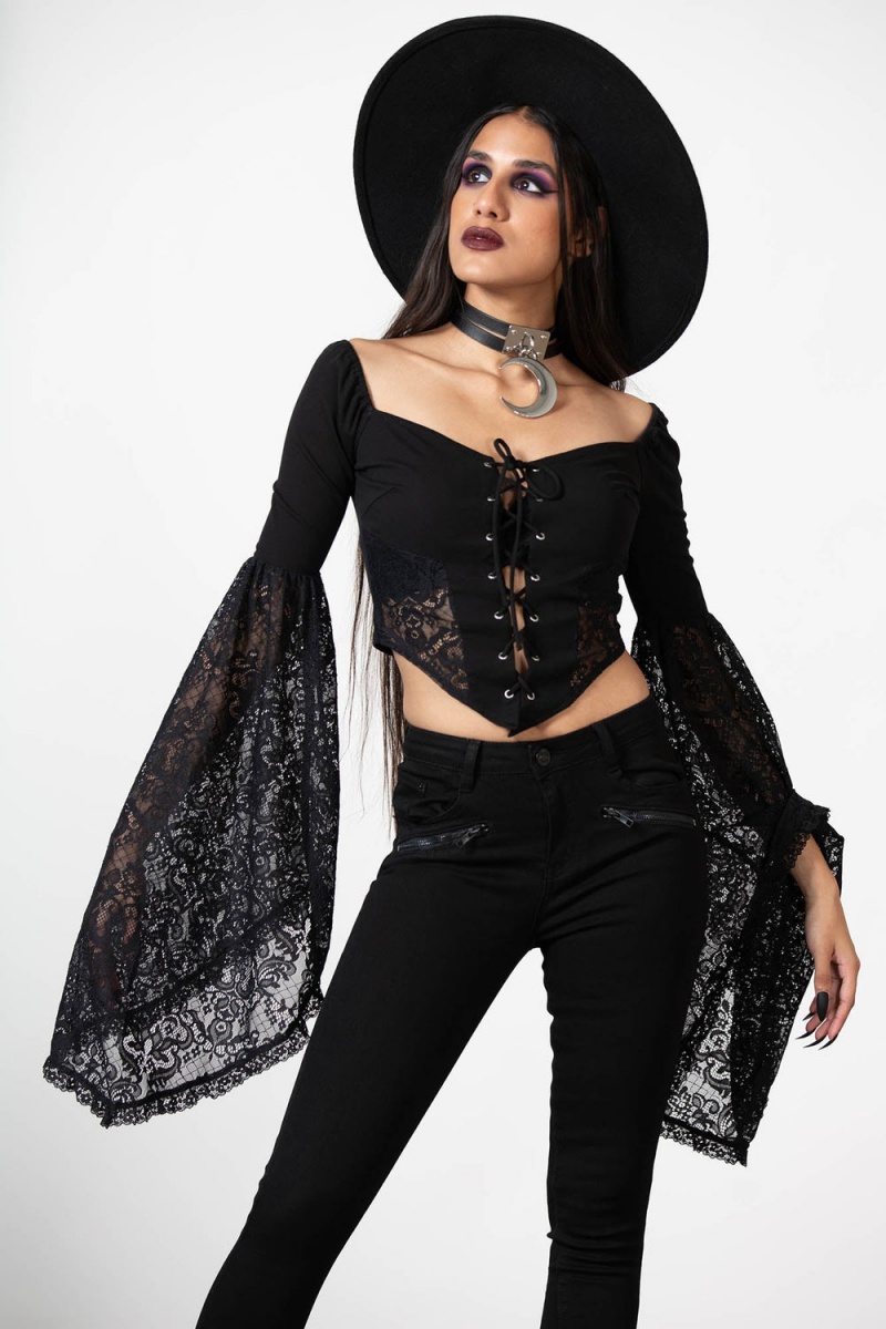 Killstar Sentina Long Sleeve Top Oberteile Damen Schwarz | PGO081627