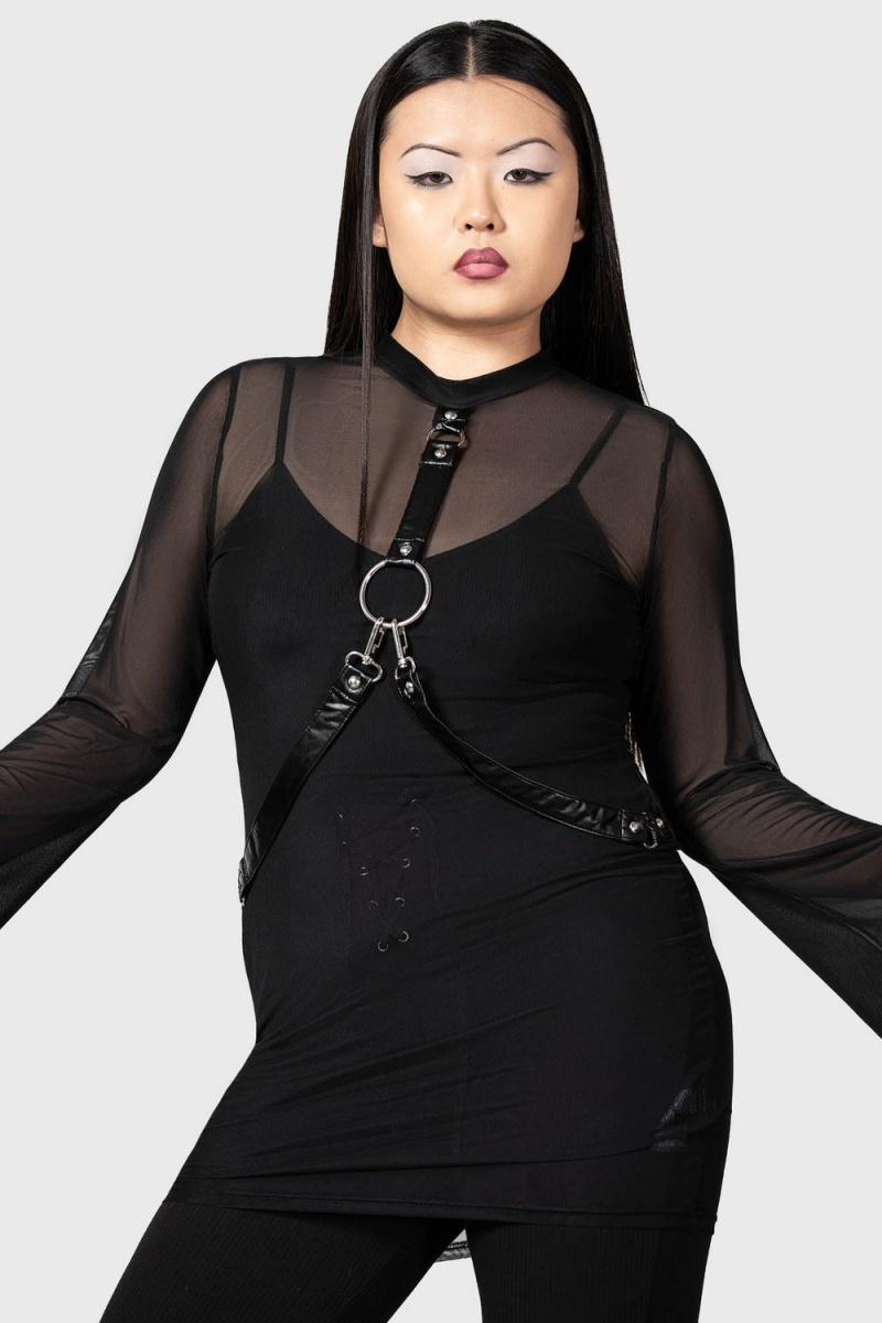 Killstar Sheer Bondage Long Sleeve Kleider Kleid Damen Schwarz | IDB298156