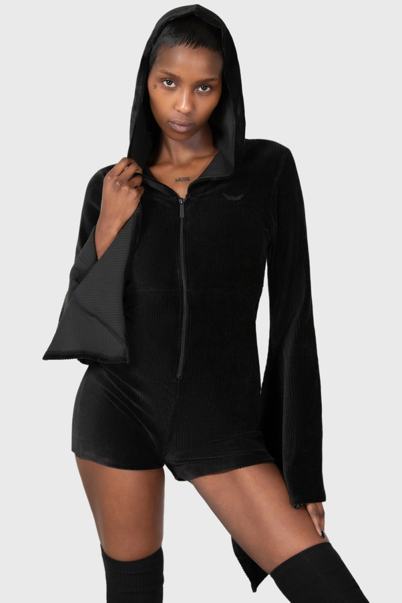 Killstar Spirit Of Slumber Mit Kapuze Playsuit Loungewear Damen Schwarz | OWZ631095